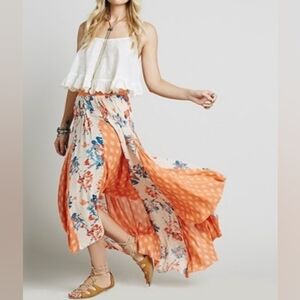 Free People Show You Off Midi Skirt High Low Floral Mixed Print Orange XS